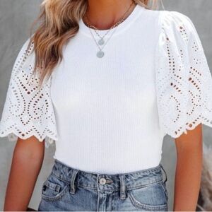 White Lace Scalloped Eyelet Sleeve Top